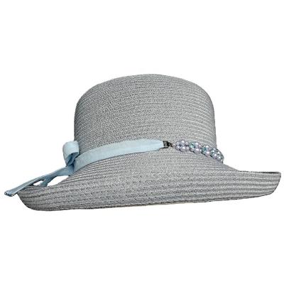 China Women's Ffoppy and Slouchy Poly Foldable Whole Straw Hat with Ribbon and Pearl Chain Decorations for sale