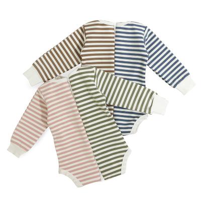 China Substantial Customization Eco-Friendly Washable Breathable Baby Clothes Summer Long Sleeve Wrap Shoulders Design Adorable Striped Cotton Baby Knitted Coveralls for sale