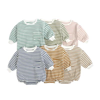 China Factory Substantial Washable Breathable Supply Newborn Baby Clothes Long Sleeving Elastic Leg Openings Design Breathable Striped Cotton Baby Bodysuits for sale