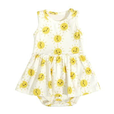 China Wholesale Breathable Washable Eco-friendly Substantial Baby Clothes Sun Print Summer Moring Maid Organic Cotton Baby Overalls Dress Sleeveless Elastic Waist Design for sale