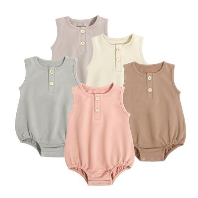 China Custom Wholesale Summer Baby Logo Low MOQ Sleeveless Organic Cotton Breathable Washable Eco-Friendly Rompers Substantial Knitted Jumpsuits for sale