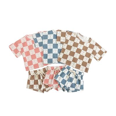 China Factory Supply Kids Summer Breathable Clothing Set 2 Pcs Short Sleeve Shirt Pants Soft Girl Plaid Waffle Kids Tracksuits for sale