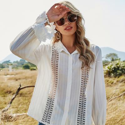 China Breathable Women Lace Up Patchwork V Neck Collar Long Sleeve Button Down Ruffled Border Hollow Out Shirt for sale