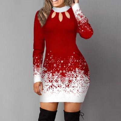 China Autumn Women Fashion Christmas Slim Breathable Fitted Keyhole Front Long Sleeve High Waist Mini Dress Snowflake Print Dresses for sale