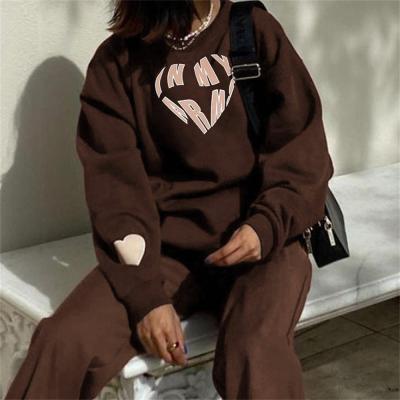 China Women Vintage Heart Print Long Sleeve Anti-Wrinkle Sweatshirt O Neck Casual Jumper Loose Streetwear Top for sale