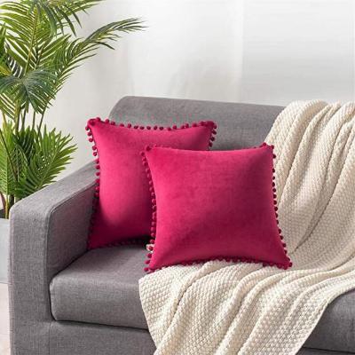 China Anti-Static China Velvet Cushion Cover With Pom Pom Soft Sofa Decoration Velvet China Pillow Cover With Pom Pom for sale