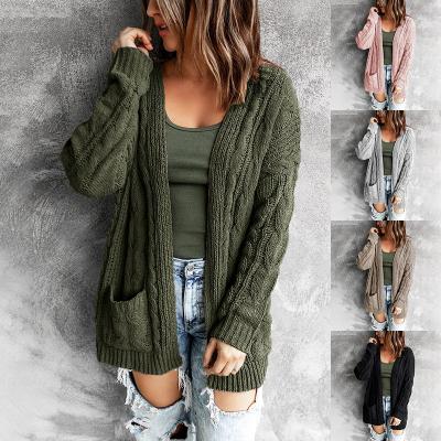 China Mid length twist knitted cardigan QUICK DRY solid color pocket jacket2022Autumn and winter European and American new and American sweater women for sale