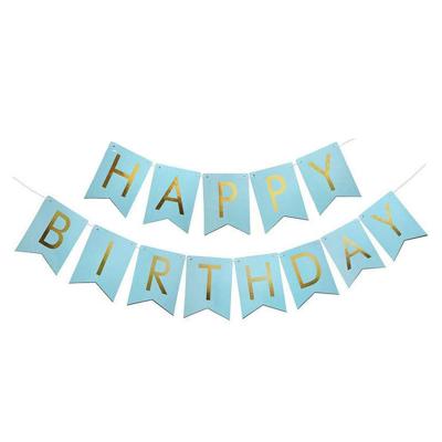 China Gift Newcomer Happy Birthday Bunting Banner With Shiny Gold Letters Party Cake Topper Decorations Light Blue for sale