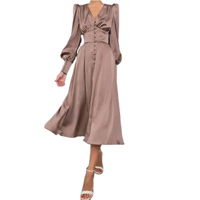 China Summer Satin Anti-Static Elegant Lantern Sleeve A-Line Dress Women V-Neck Midi Dress Long Solid Vintage Dresses for sale