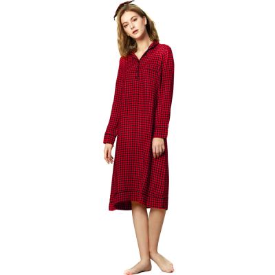 China Wholesale QUICK DRY Casual Dress Women's Loose Red V-Neck Sleepwear Nightgown Pajamas Autumn Plaid Nightgown Pajamas Dress For Women for sale