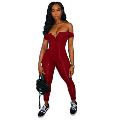 China Summer QUICK DRY off the shoulder jumpsuit wholesale women's solid color V-neck bodycon skinny rompers and jumpsuits for sale