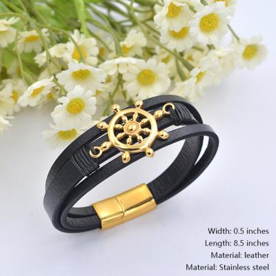 China 2022 CLASSIC Jewelry Wholesales 14k Gold Leather Bracelets For Men ID Bracelets Stainless Steel Jewelry Bracelets 8.5 Inch for sale