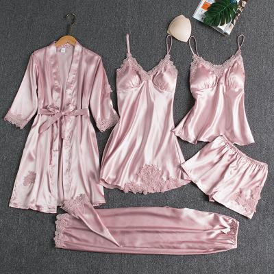 China Wholesale Women QUICK DRY Silk Satin 5 Pieces Lace Up Elegant Sleepwear Pajamas Set for sale