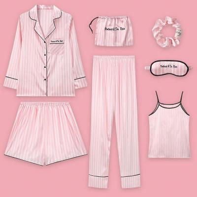 China 2021 QUICK DRY simulation women's sexy suspender 7pcs silk sleepwear pajamas set high quality stripe nightgowns home sets for sale