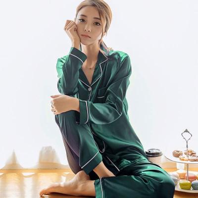 China QUICK DRY Simulation Loungewear Women 2 Pieces Silk Pajamas Ladies Long Sleeved Slim Shirt Home Casual 2 Pcs Set Women Pajama Sets for sale