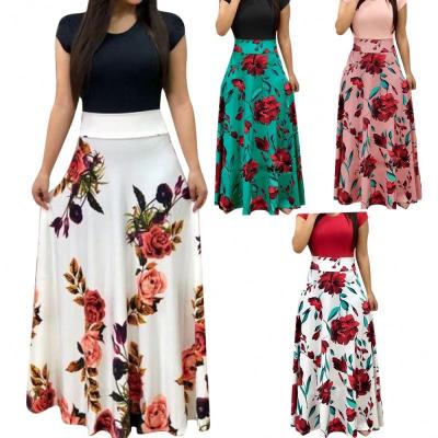 China Plus Size Women's Chiffon Long Skirts Women Summer Flower Print Color Block Dress Skirt Long for sale