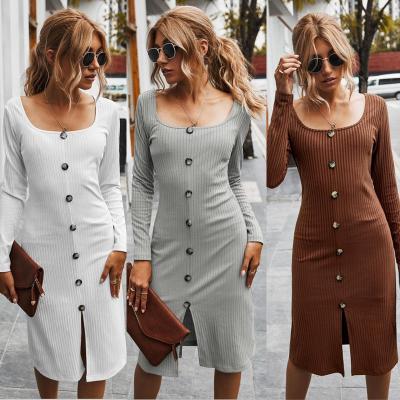 China Newest Anti-Wrinkle Solid Front Slit One-Piece Long Sleeve Knitted Dress Bodycon Winter Ladies Sexy Dresses for sale