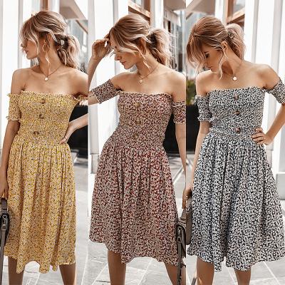 China Summer Floral Print Casual Off-the-Shoulder Dress Women Anti-Static Ladies Shoulder Sexy Casual Dresses for sale