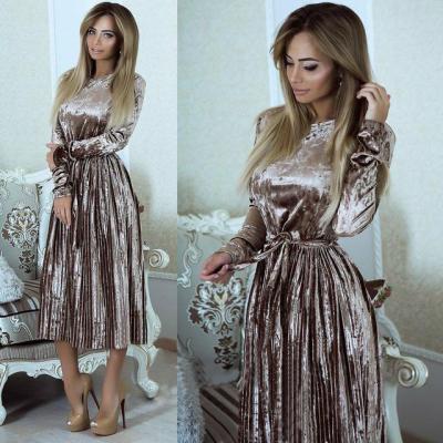 China Popular Anti-Wrinkle Velvet Pleated Chic On Solid Color Sexy Women Long Sleeve Plus Size Dress for sale