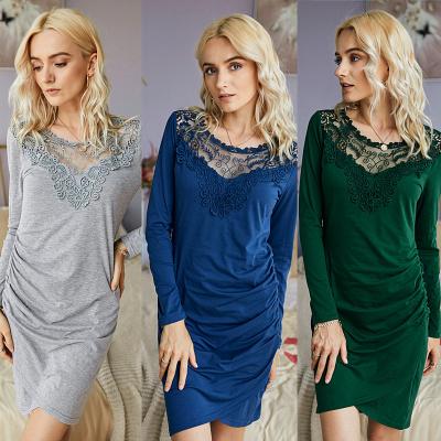 China 2021 New Design Fashion Anti-Wrinkle Long Sleeve Women Crew Neck Dress Rose Lace Office Pencil Bodycon Dress for sale