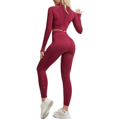 China Sustainable Naked Gym Clothing High Waist Sport Suit Fitness Yoga Set Workout Clothes 2 Pieces Set Women Solid Color Leggings Long Sleeve Tops for sale