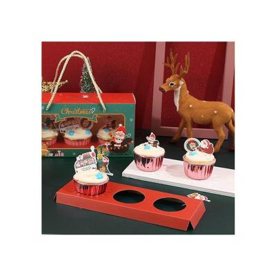 China Recycled Materials Customized Gorgeous Handheld Christmas Private Label 3 Hole Gift Wrap Cupcake Muffin Gift Box for sale