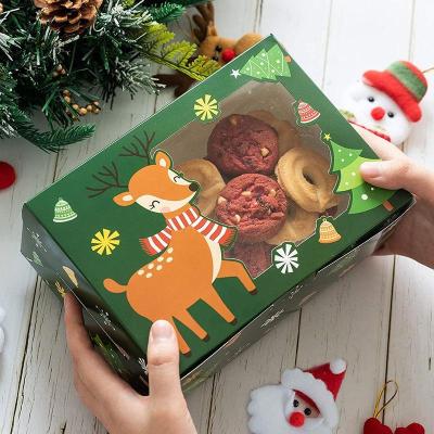 China Recycled Materials Green Cartoon Elk Print Christmas Dessert Cake Paper Wrapping Paper Box With Window for sale