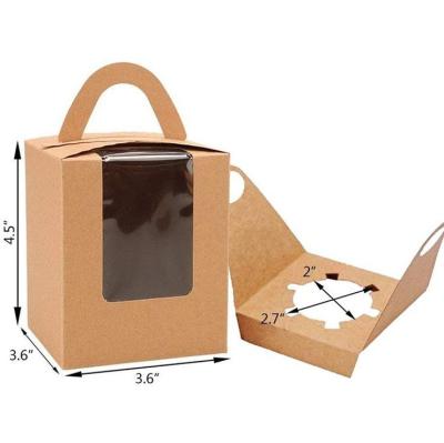 China Reused Materials Mini Brown Kraft Paper Cake Packaging Box With Handles Small Cake Dessert Gift Box With Clear Window for sale