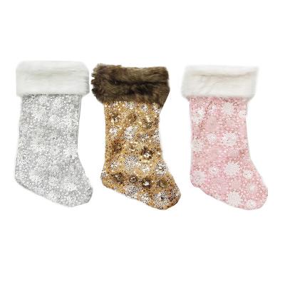 China 2021 new arrival luxury sequini snowflake christmas stocking santa snowman reindeer penguin elf bear owl for sale