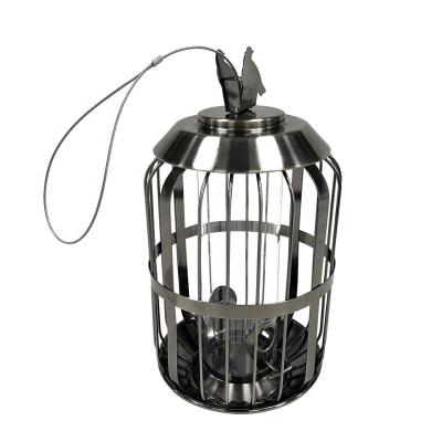 China Slow Time Amazon Metal Automatic Open Silver Electroplating Birdcage Hanging Bird Feeder Iron Art Anti Squirrel Hook Feeder for sale