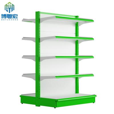 China Custom Heavy Duty Double Sided Supermarket Rack Iron Metal Retail Shelf Display Supermarket Gondola Shelving Rack Shelves For Retail Store for sale