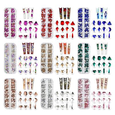 China Easy Apply Wholesale 12 Grids/Glossy Glass Crystal Rhinestone Mixed Special Shape Flat Bottom Kit Multi Color 3D Box and Sizes Nail Art DIY for sale