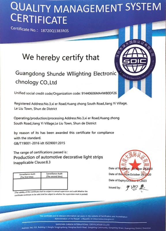 ISO9001 - Guangdong Shunde Wllighting Electronic Technology Co., Ltd.