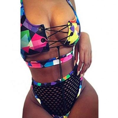 China 2019 Breathable New Fashion African Geometric Printed Waist Two Piece Bikini Top Set Brazilian Mesh Swim Wear Women Thong Bikinis for sale