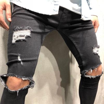 China European and American high street retro men's jeans beggar feet breathable pants knee holes men's slim distressed jeans for sale