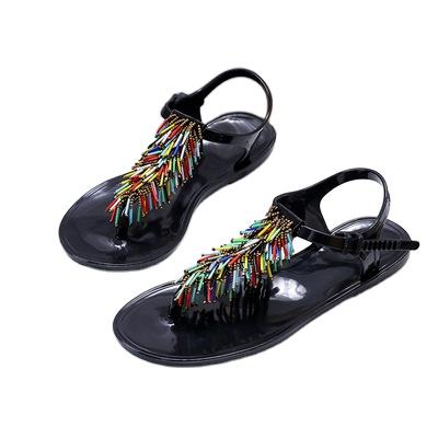 China New Breathable Net Celebrity Beaded Comfortable All-match T-shaped Flat Sandals Solid Color Feet Clip Belt Fairy Shoe for sale