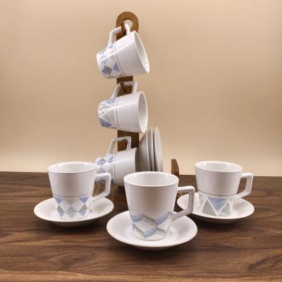 China Stocked High Quality Ceramic Cup and Saucer 6pcs Square Embossed Gold Wire Ceramic Coffee Cup and Saucer Set for sale