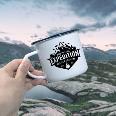 China Hotsale customzied custom logo bulk sublimation mug automotive travel coffee enamel camping mugs with black rim for sale