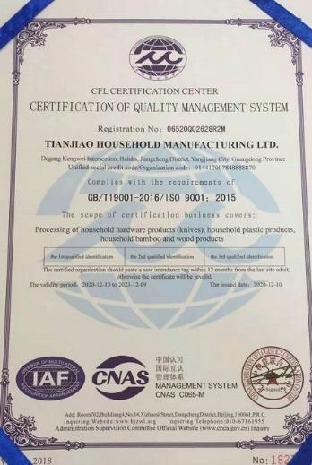 ISO9001 - Yangjiang Tianjiao Household Manufacturing Ltd.