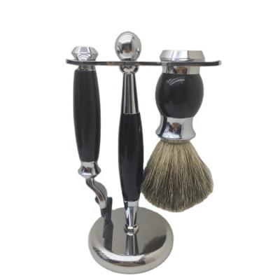 China New Fashion Men's Single Blade Black Handle Safety Shaving Razor Shaving Set With Badger Hair Brush And Metal Stand for sale