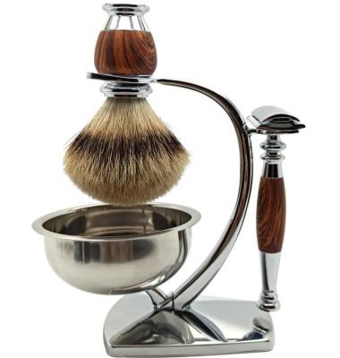 China Luxury Safety Razor Water Transfer Wood Grain Manual Shaving Kit Set With Razor Hair Shaving Brush / M3 Safety Shaving Badger / Shaving Stand bwol for sale