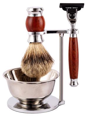 China Triple Blade Mens Grooming Rosewood Manual Kit Shaving Razor And Badger Hair Shaving Brush /Shaving Holder / Bowl Stainless Steel for sale