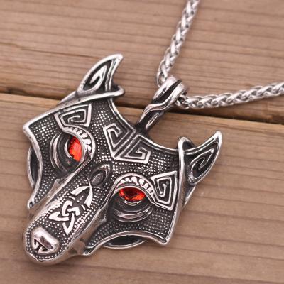 China Wholesale Vintage Factory Dropshipping Men's Stainless Steel Viking Celtic Wolf Head Pendant Necklace Chain 4 Eye Color Customize OEM for sale