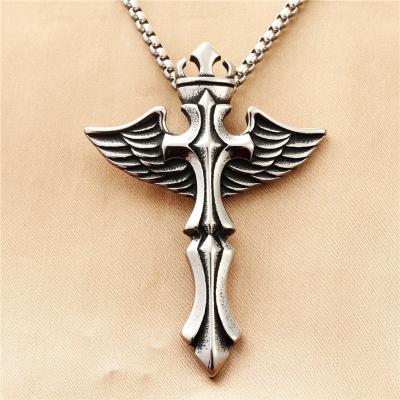 China Wholesale Vintage Dropshipping Factory Wholesale Stainless Steel Angel Wings Cross Pendant Necklace Men's Jewelry Accessories for sale