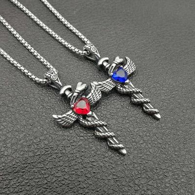 China Vintage Dropshipping Factory Wholesale Mens Stainless Steel Angel Wings Faux Sapphire CZ Cross Necklace Chain Pendant Accessories for sale