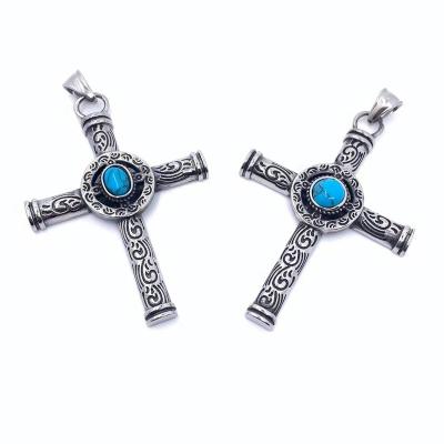 China Dropshipping Factory Wholesale Mens Norse Vintage Turquoise Celtic Cross Stainless Steel Necklace Gothic Pendant Chain Accessories for sale