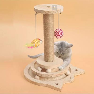 China Amazon Hot Selling Cat Scratcher Toys Manufacturers Interactive Stocked Funny Pet Toy Wooden Cat Scratching Post With Balls for sale