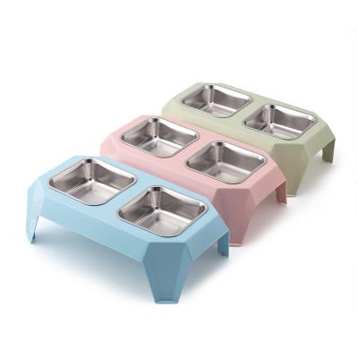 China High Foot Popular Square Shape Pet Cat Dog Pet Bowls Practical Double Bowl With Stand for sale