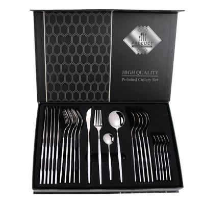 China 430 Food Grade 24K Stainless Steel 24Pcs PVD Portugal Wedding Spoon Knife Fork Mirror Black Gold Viable Silverware for sale