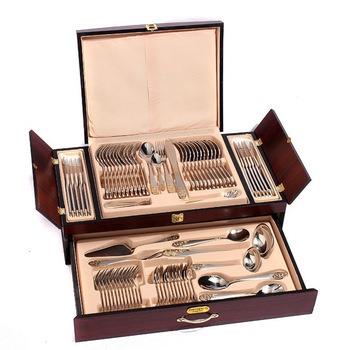 China Viable Laser Logo 72pcs Royal Gold Plated Mirror Polished Spoon Fork Set Stainless Steel Flatware Sets for sale